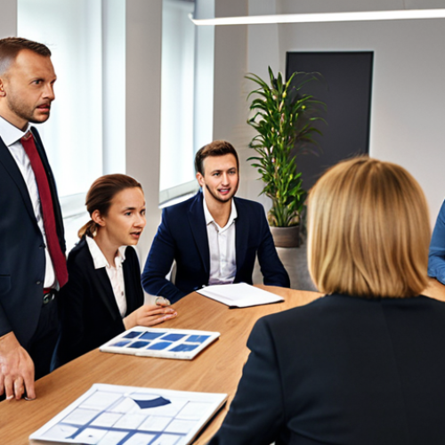 **

A dynamic team meeting in a modern office setting, where a leader (coach) is actively listening and engaging with a team member. Focus on expressions of trust and open communication. Consider using a visual element that subtly hints at uncovering potential, like a "hidden talent" being revealed. Think about including visual cues that resonate with Polish culture.

**
