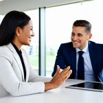 A professional female leader with a warm, encouraging expression, fully clothed in a modest business suit, actively listening to a male team member in a bright, modern open-plan office. They are seated at a clean, contemporary table with a digital tablet showing a project outline. The leader leans slightly forward, demonstrating engagement, while the team member gestures confidently, indicating empowerment. The background is clean and uncluttered, with natural light streaming in. Perfect anatomy, correct proportions, natural pose, well-formed hands, proper finger count, natural body proportions, professional photography, high quality, safe for work, appropriate content, fully clothed, professional.