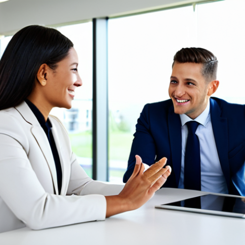 A professional female leader with a warm, encouraging expression, fully clothed in a modest business suit, actively listening to a male team member in a bright, modern open-plan office. They are seated at a clean, contemporary table with a digital tablet showing a project outline. The leader leans slightly forward, demonstrating engagement, while the team member gestures confidently, indicating empowerment. The background is clean and uncluttered, with natural light streaming in. Perfect anatomy, correct proportions, natural pose, well-formed hands, proper finger count, natural body proportions, professional photography, high quality, safe for work, appropriate content, fully clothed, professional.